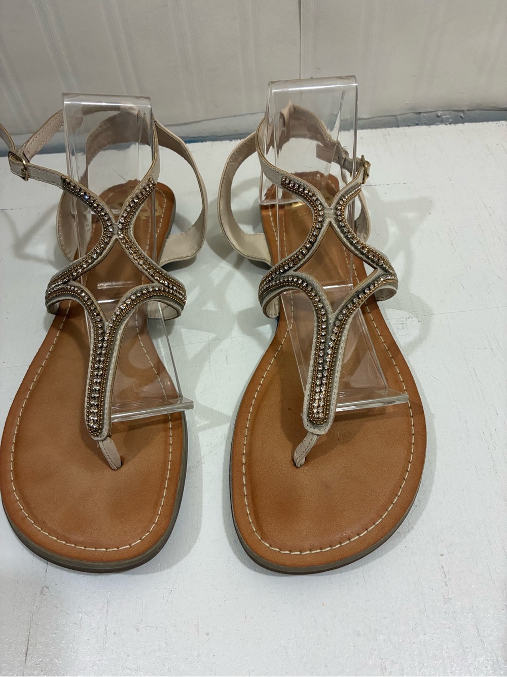 Fergalicious Beige Beaded T-Strap Sandals